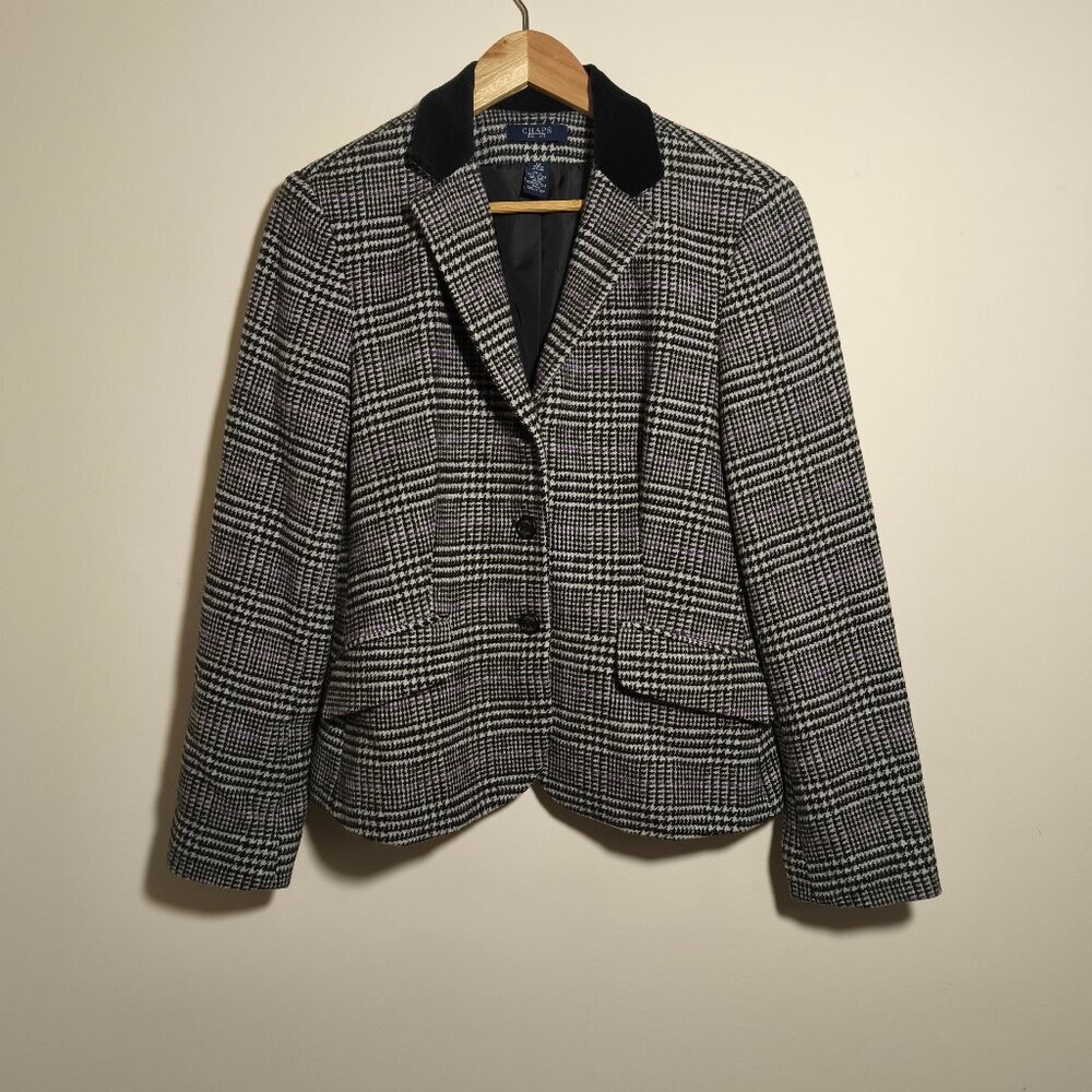Chaps Wool Blend Plaid Velvet Accent Single Breasted Blazer sz 10 Black Purple